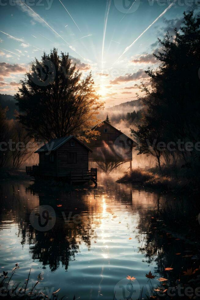 ai generado dorado hora etéreo soñador lago casa ai generativo foto