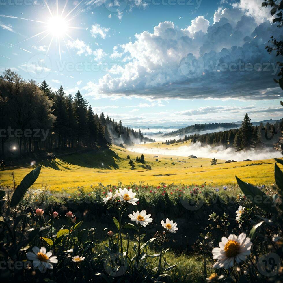 Flower Hill Scenery Background Ai Generative photo