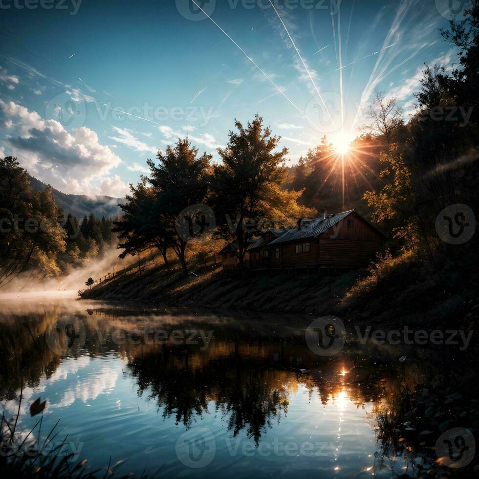 ai generado dorado hora etéreo soñador lago casa ai generativo foto