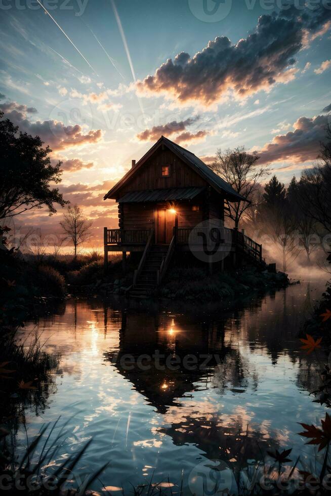 AI generated Golden Hour Ethereal Dreamy Lake House Ai Generative photo