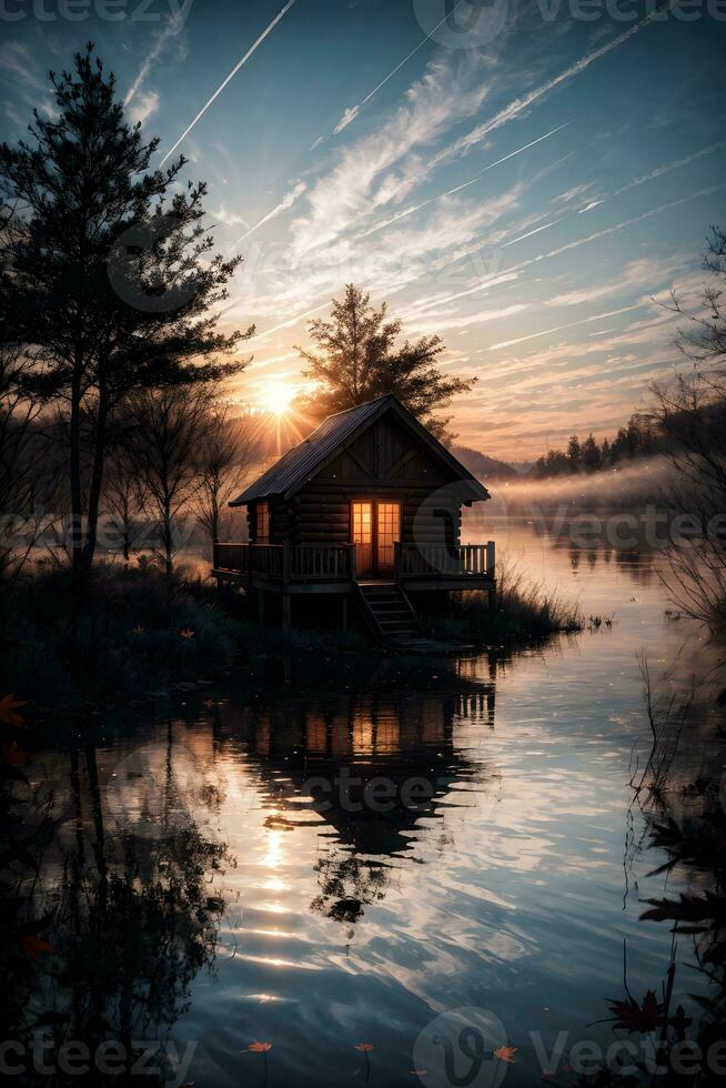 AI generated Golden Hour Ethereal Dreamy Lake House Ai Generative photo