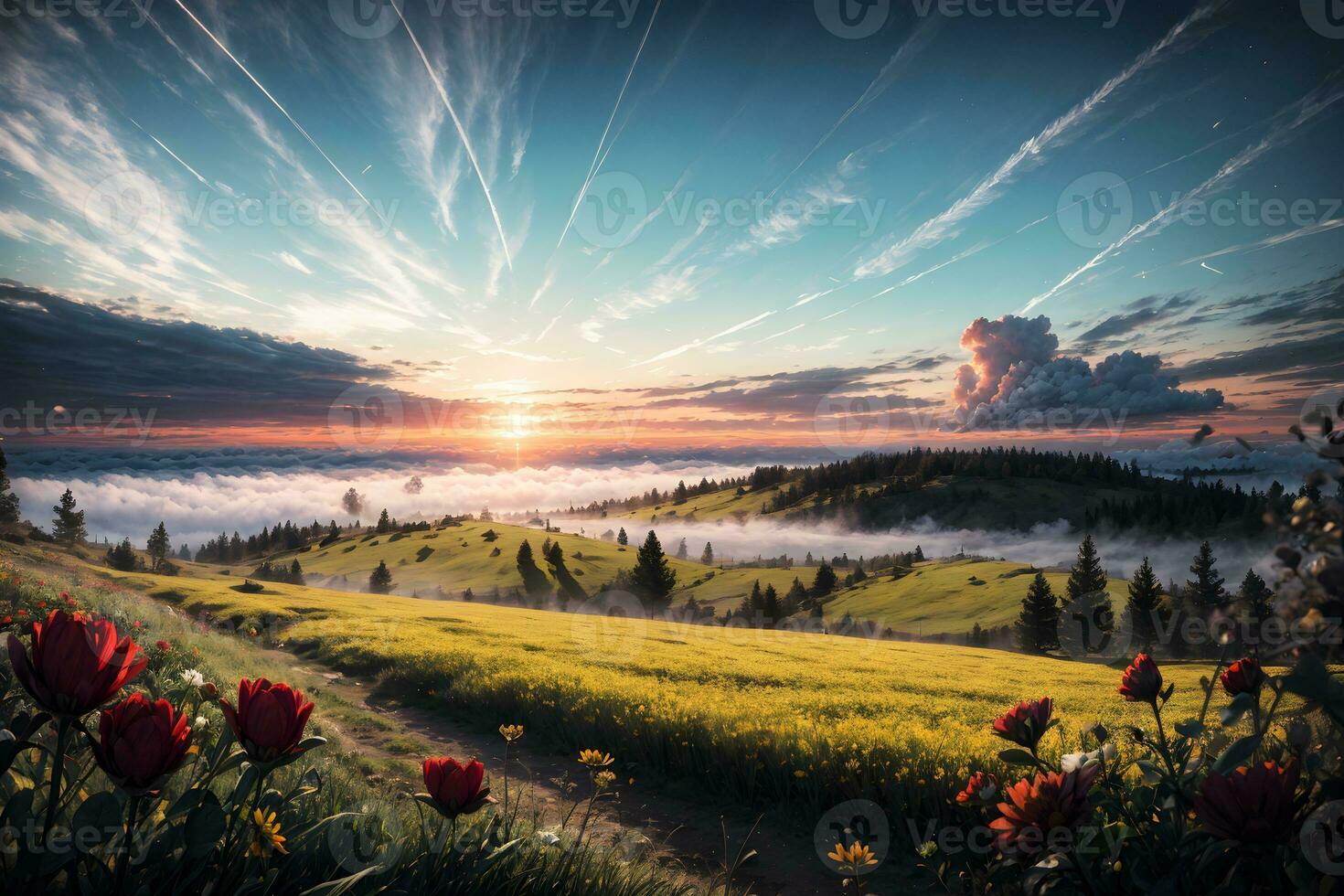 Flower Hill Scenery Background Ai Generative photo