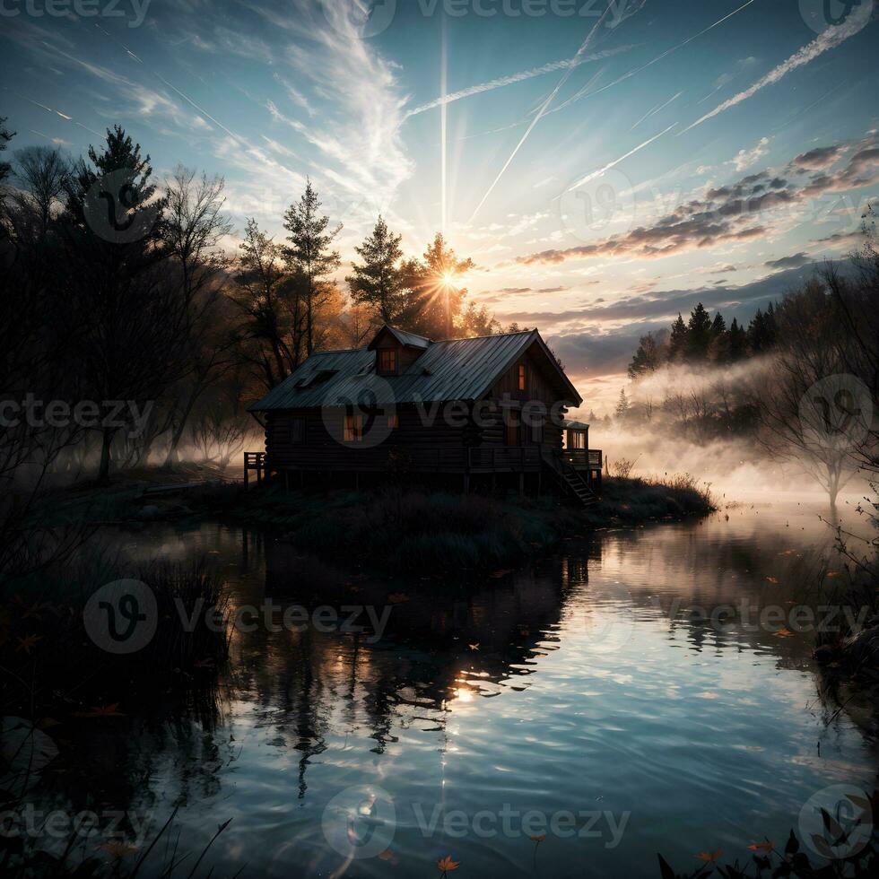 AI generated Golden Hour Ethereal Dreamy Lake House Ai Generative photo