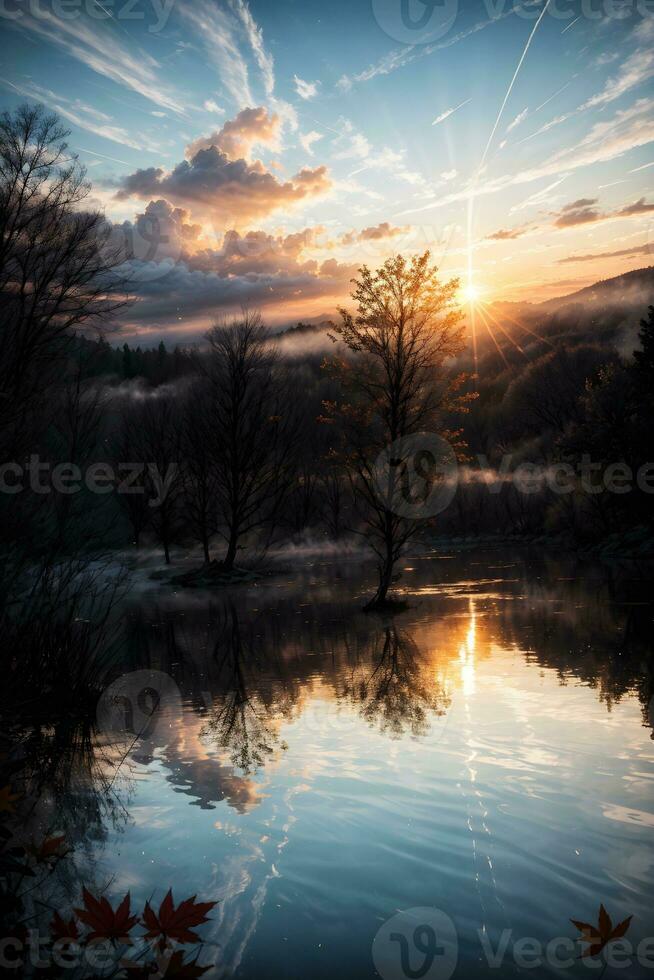 AI generated Golden Hour Ethereal Dreamy Lake House Ai Generative photo
