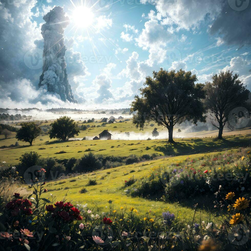 Flower Hill Scenery Background Ai Generative photo