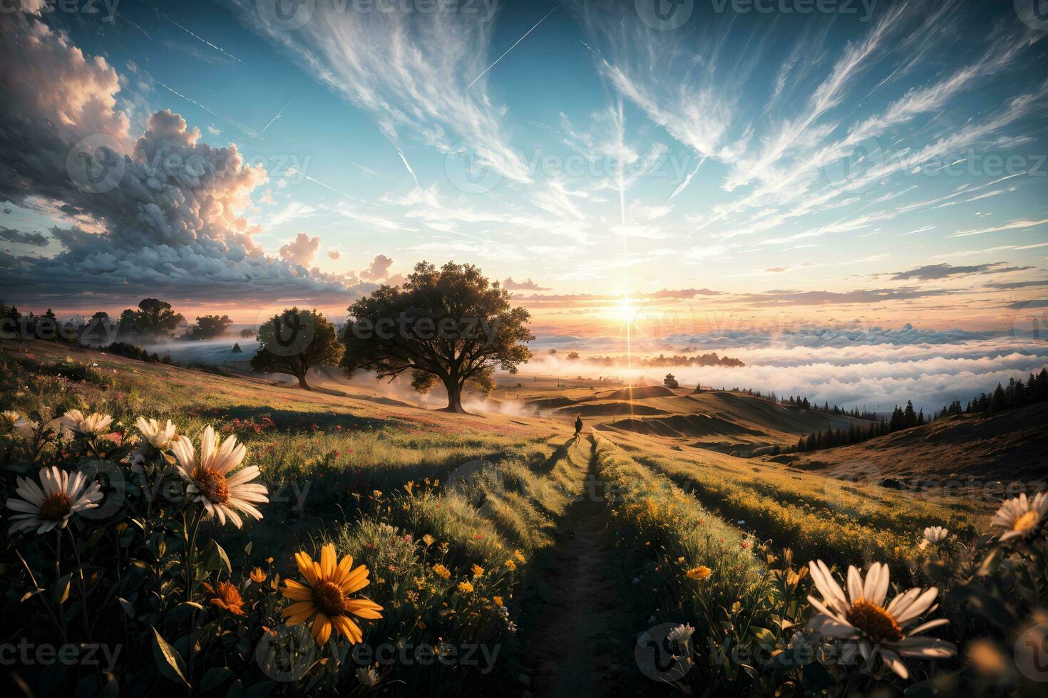 Flower Hill Scenery Background Ai Generative photo