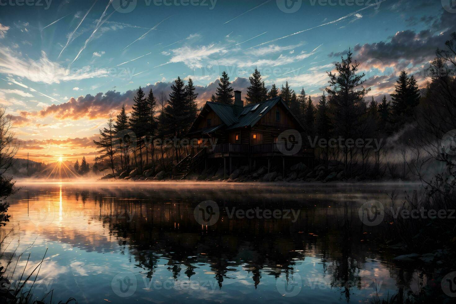 AI generated Golden Hour Ethereal Dreamy Lake House Ai Generative photo