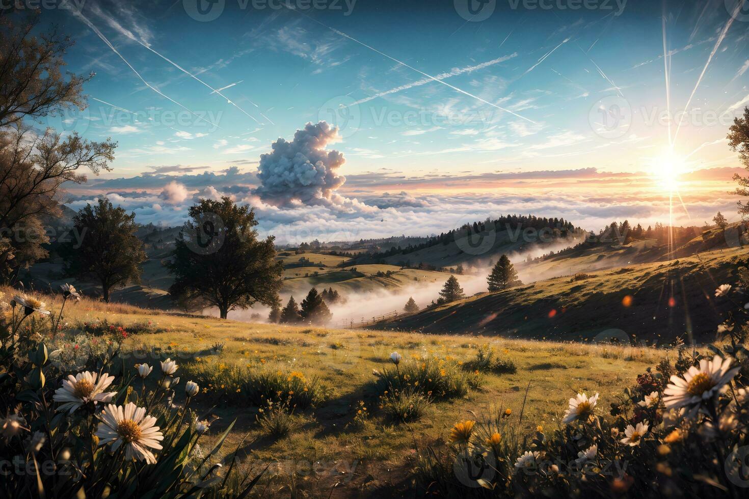 Flower Hill Scenery Background Ai Generative photo