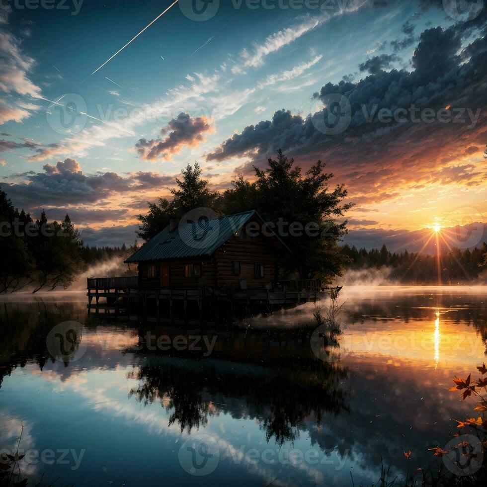 ai generado dorado hora etéreo soñador lago casa ai generativo foto