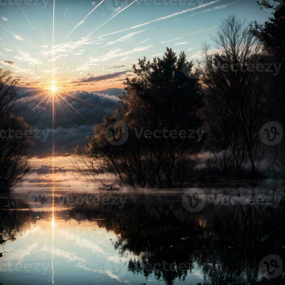 AI generated Golden Hour Ethereal Dreamy Lake House Ai Generative photo