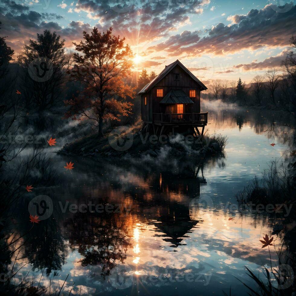 AI generated Golden Hour Ethereal Dreamy Lake House Ai Generative photo