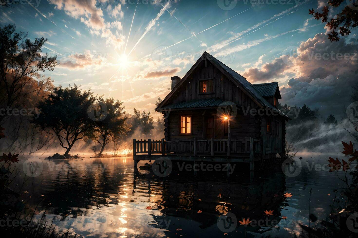 AI generated Golden Hour Ethereal Dreamy Lake House Ai Generative photo