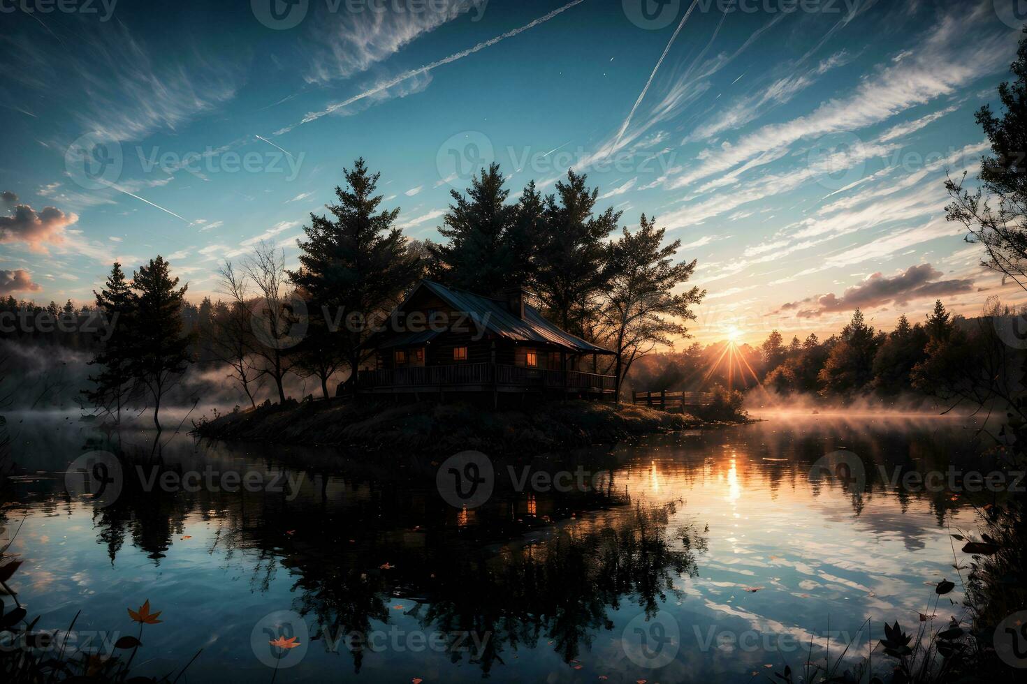 ai generado dorado hora etéreo soñador lago casa ai generativo foto