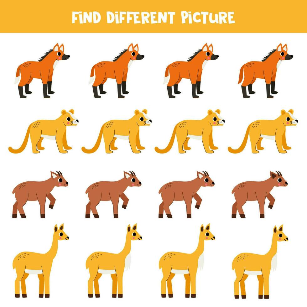Find different South American animal in each row. Logical game for preschool kids. vector