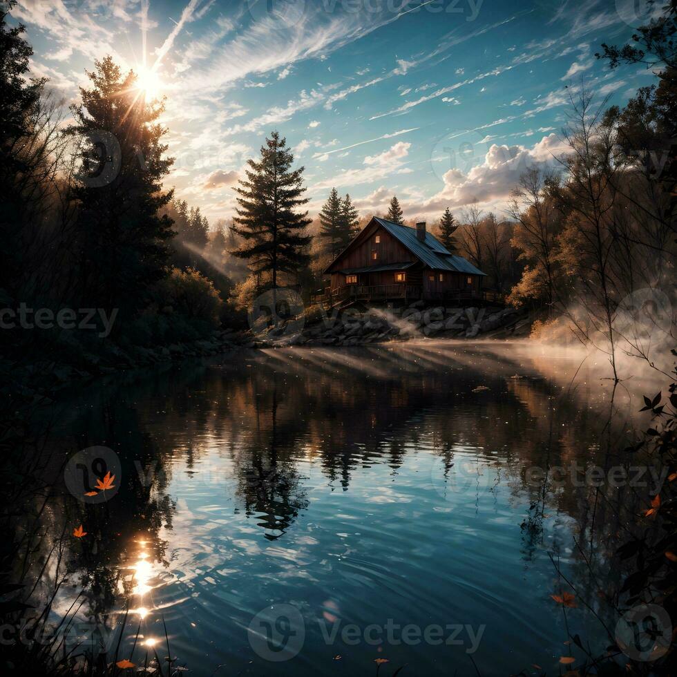 AI generated Golden Hour Ethereal Dreamy Lake House Ai Generative photo