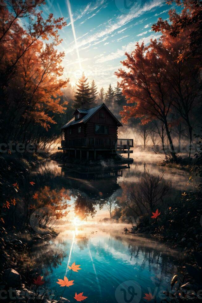 AI generated Golden Hour Ethereal Dreamy Lake House Ai Generative photo