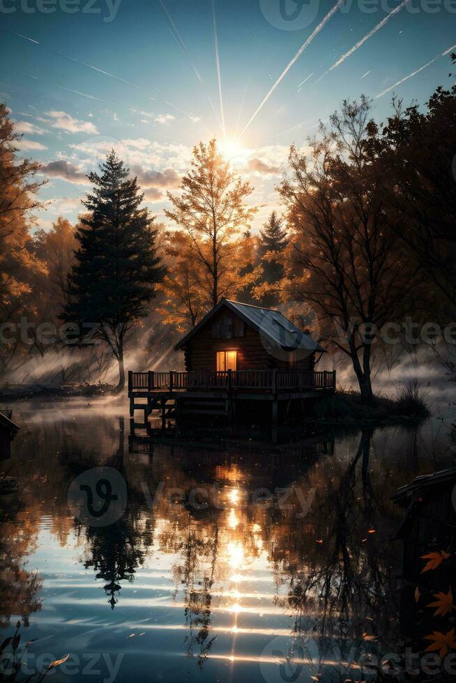 AI generated Golden Hour Ethereal Dreamy Lake House Ai Generative photo