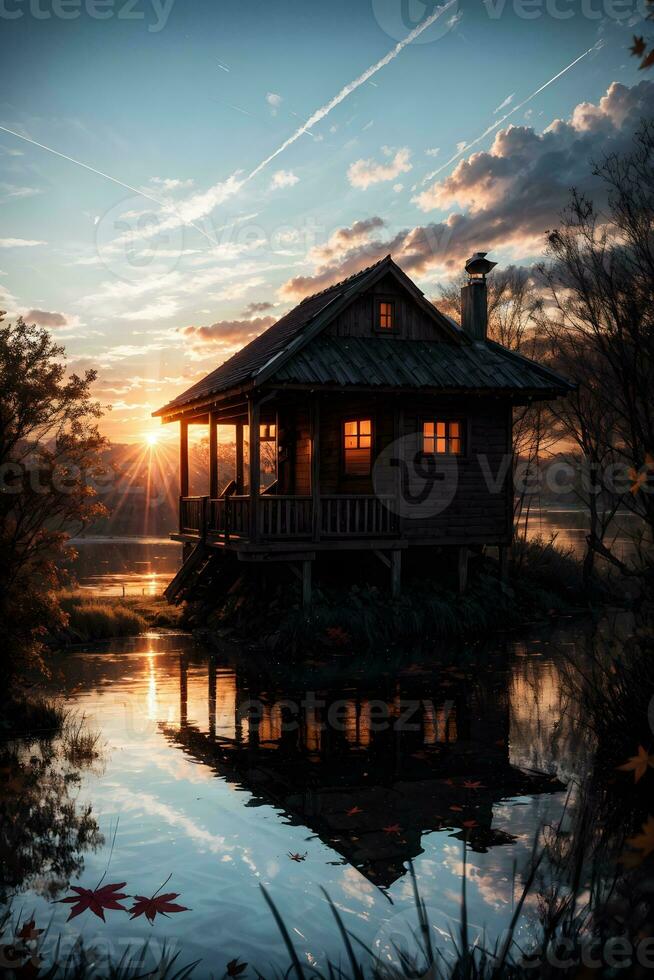 ai generado dorado hora etéreo soñador lago casa ai generativo foto