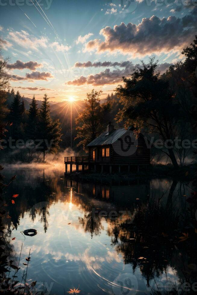 AI generated Golden Hour Ethereal Dreamy Lake House Ai Generative photo