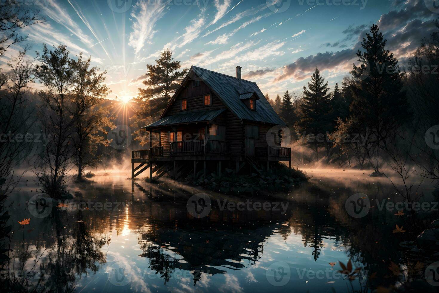 AI generated Golden Hour Ethereal Dreamy Lake House Ai Generative photo