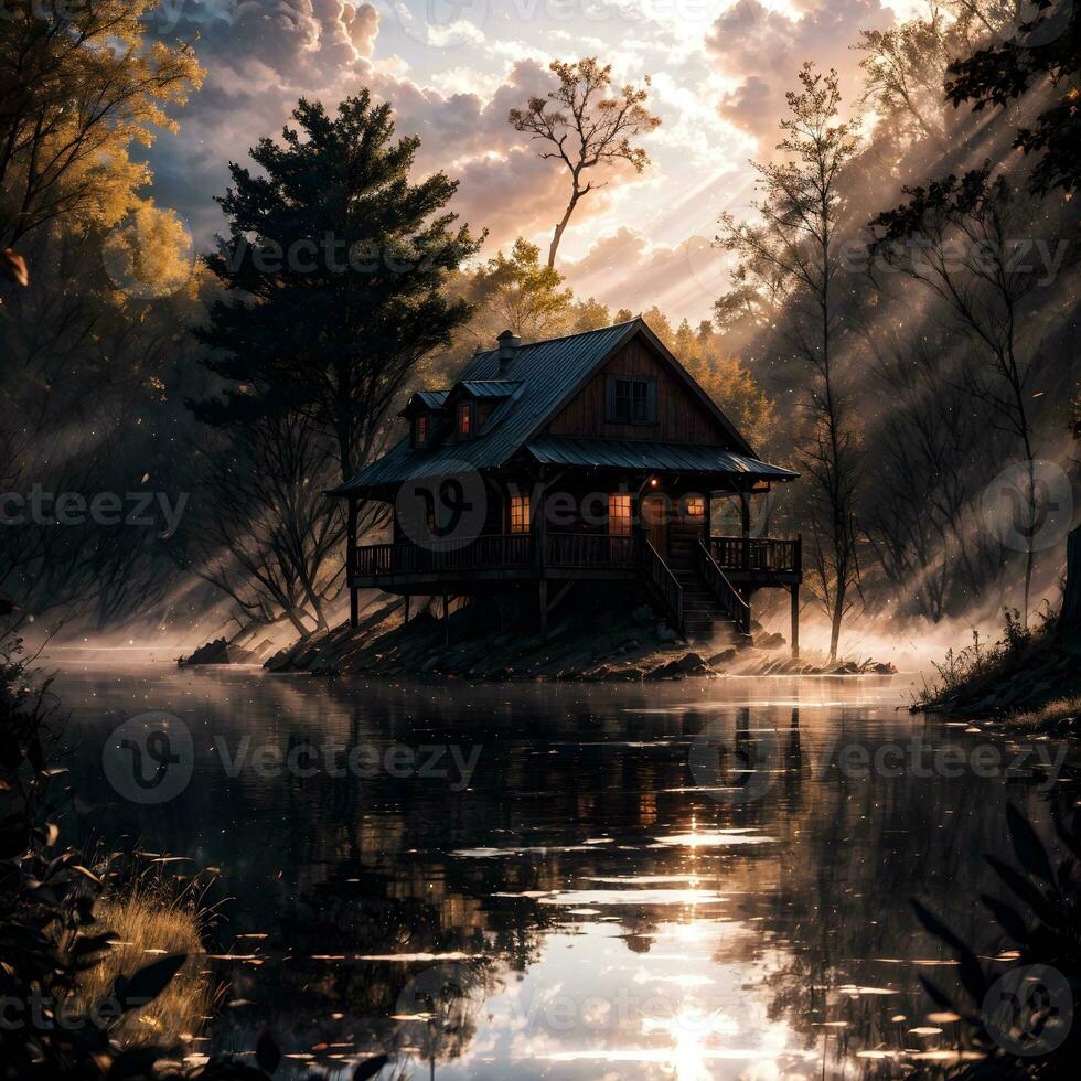 AI generated Golden Hour Ethereal Dreamy Lake House Ai Generative photo