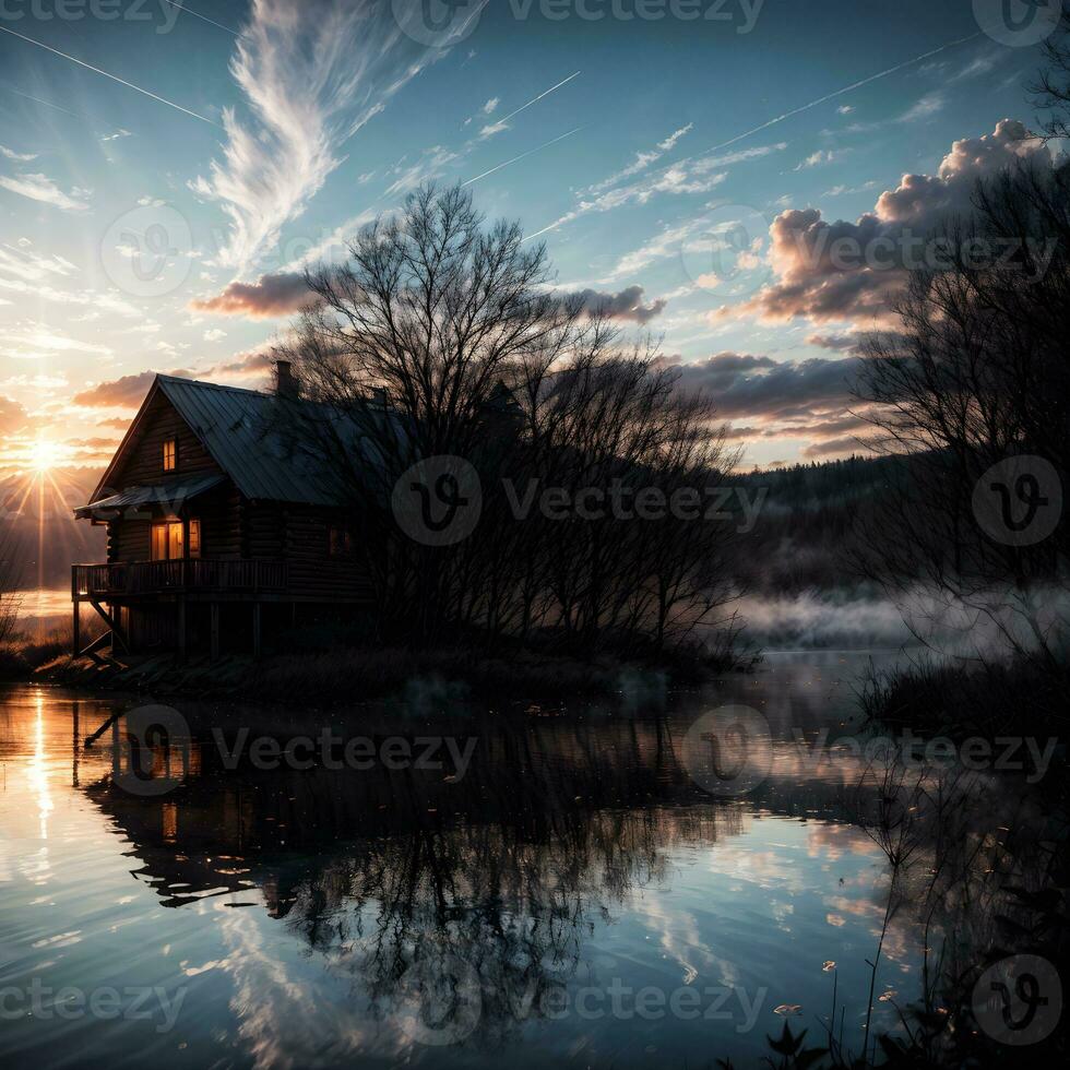 ai generado dorado hora etéreo soñador lago casa ai generativo foto