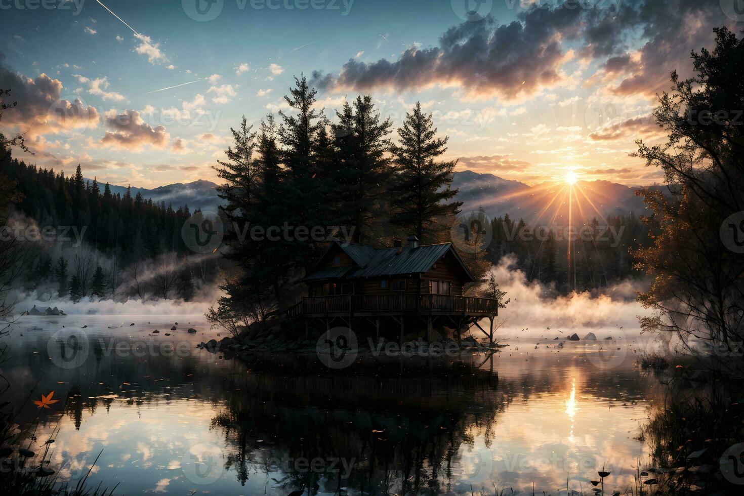 ai generado dorado hora etéreo soñador lago casa ai generativo foto