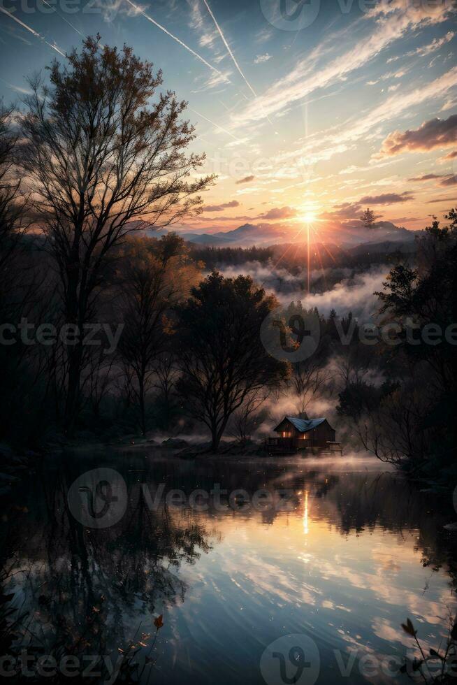 AI generated Golden Hour Ethereal Dreamy Lake House Ai Generative photo