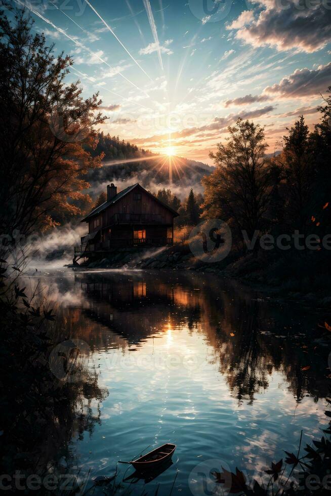 AI generated Golden Hour Ethereal Dreamy Lake House Ai Generative photo