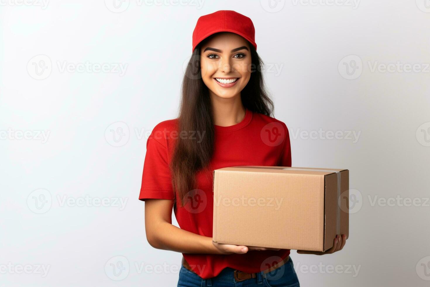 ai generado hermosa joven hembra mensajero en un rojo gorra y camiseta. el entrega niña es participación un cartulina caja foto