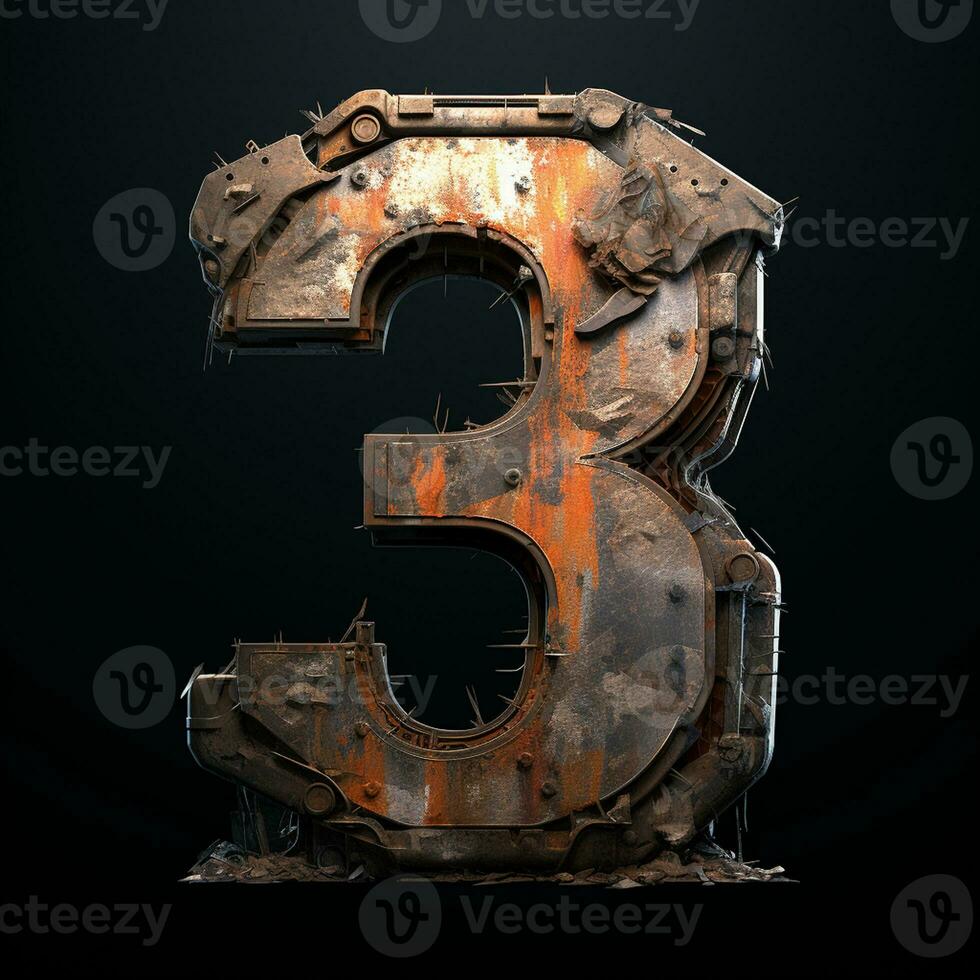 AI generated the number 3 is made of rusty metal on a black backround photo