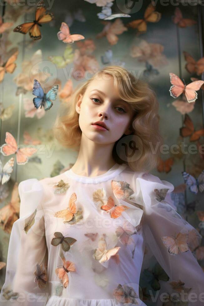 AI generated a woman standing in front of butterflies in a room photo