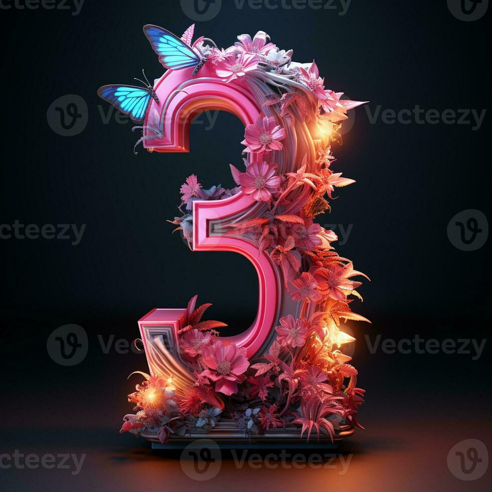 AI generated number 3 with butterflies and flowers on a black background photo