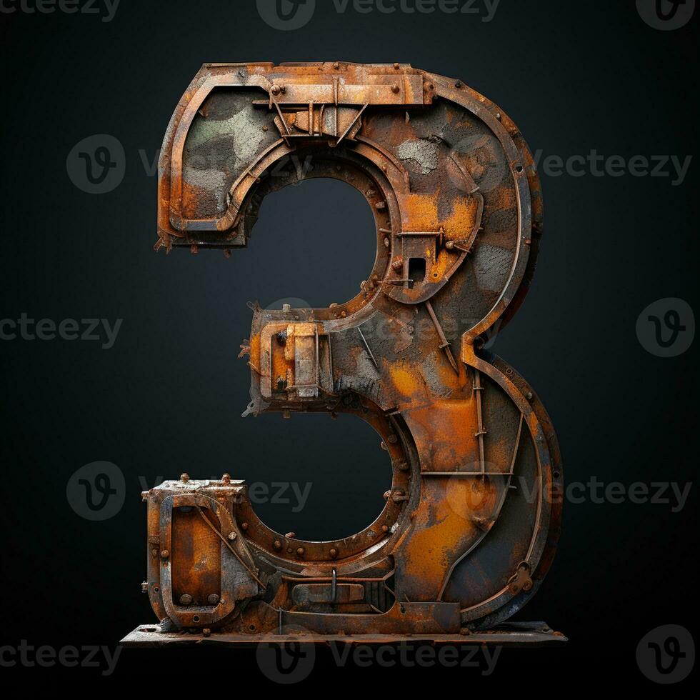 AI generated the number 3 is made of rusty metal on a black backround photo