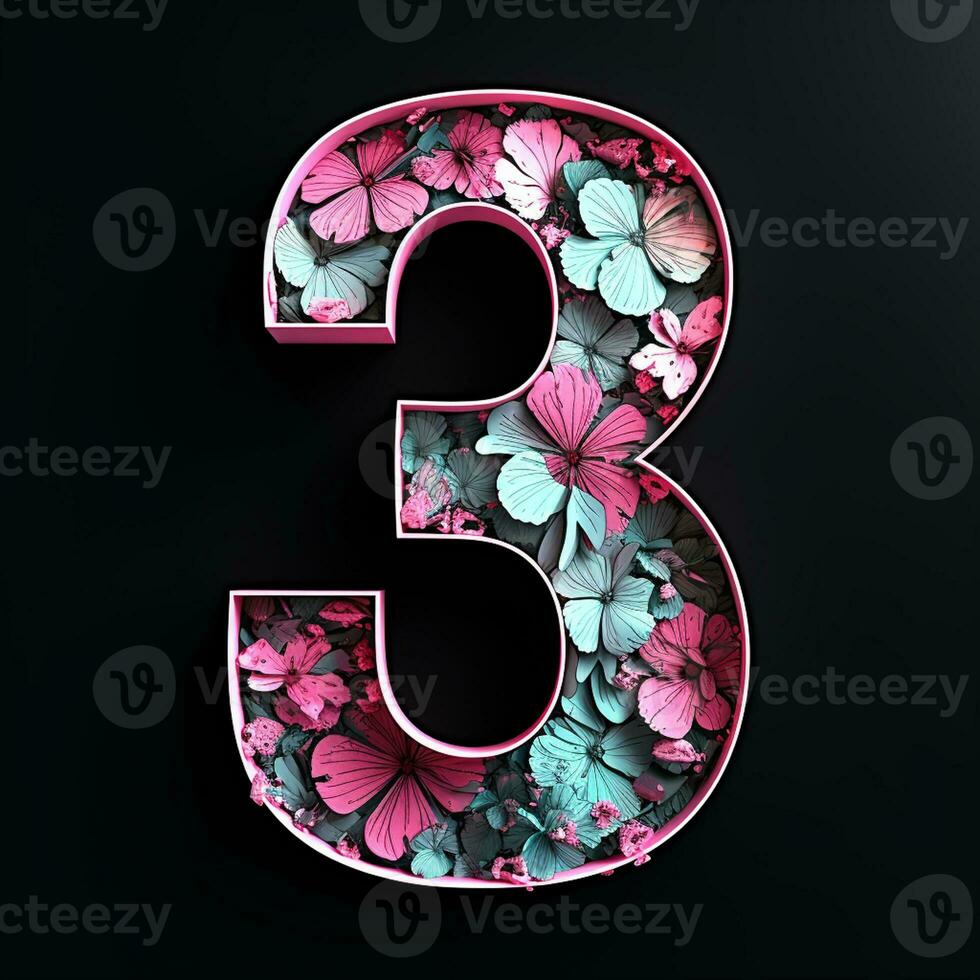 AI generated 3d floral number 3 isolated on a black background photo