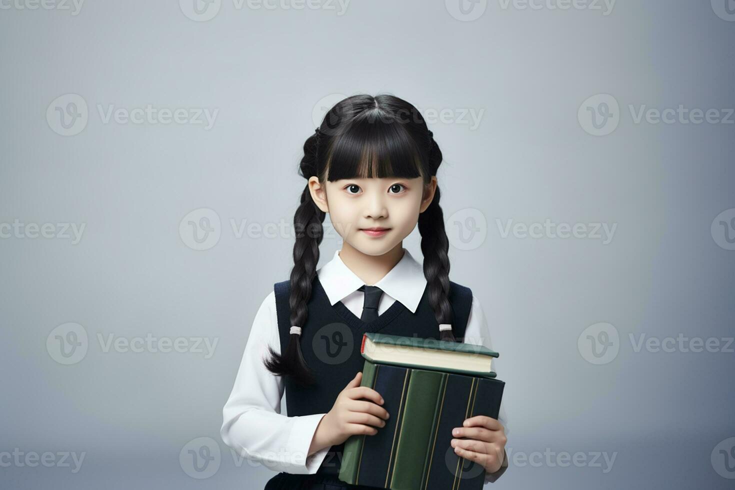 ai generado un pequeño niña en colegio uniforme participación un libro foto