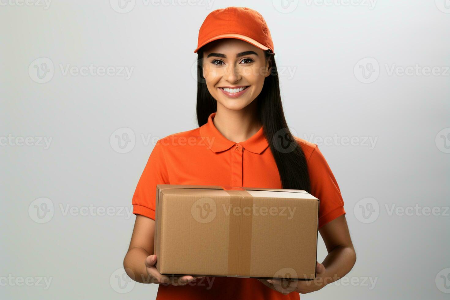 ai generado hermosa mujer en un naranja camisa participación cartulina caja, entrega Servicio foto