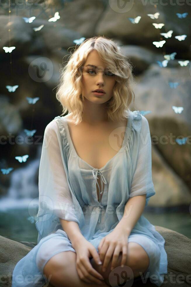 AI generated Beautiful woman sitting on a rock with butterflies flying around her photo