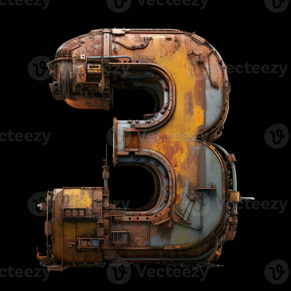 AI generated the number 3 is made of rusty metal on a black backround photo