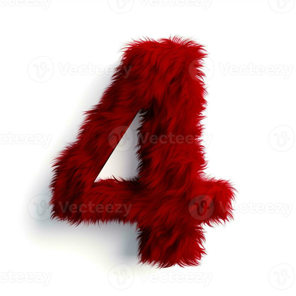 AI generated the number four is made of red fur. 3D rendering isolated on white background photo