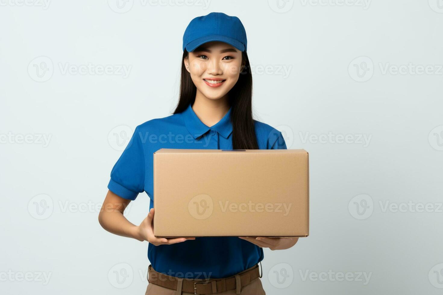 AI generated a smiling woman in blue shirt holding a cardboard box. Delivery woman handing cardboard box photo
