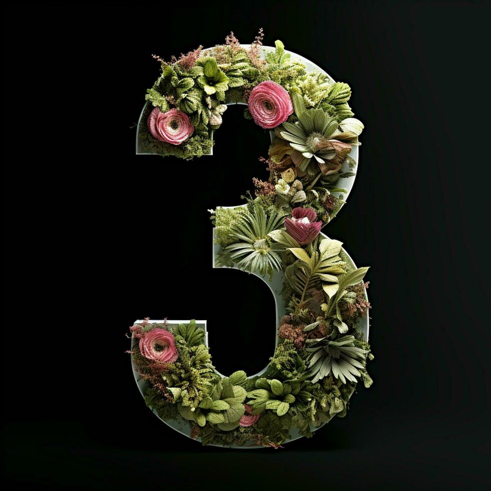 ai generado el número Tres es hecho de flores y hojas en un negro antecedentes foto