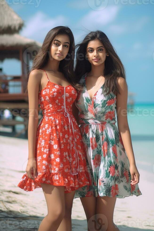 AI generated two indian women in dresses standing on the beach photo