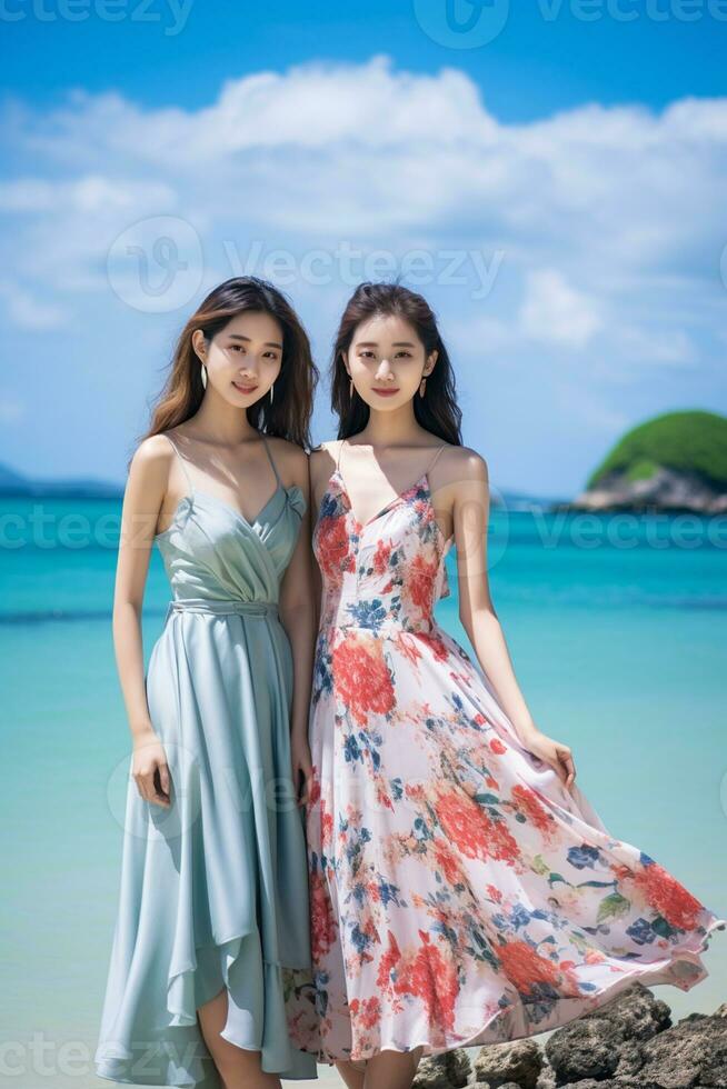 AI generated two chinese women in floral dresses standing on the beach photo