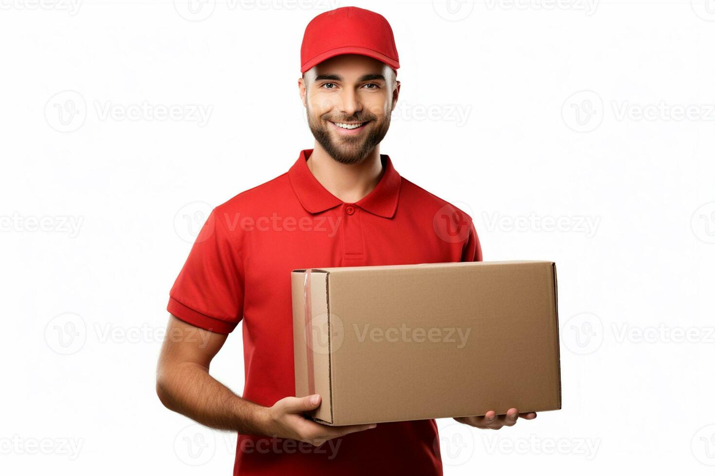 AI generated delivery man in red holding cardboard box isolated on a white background photo