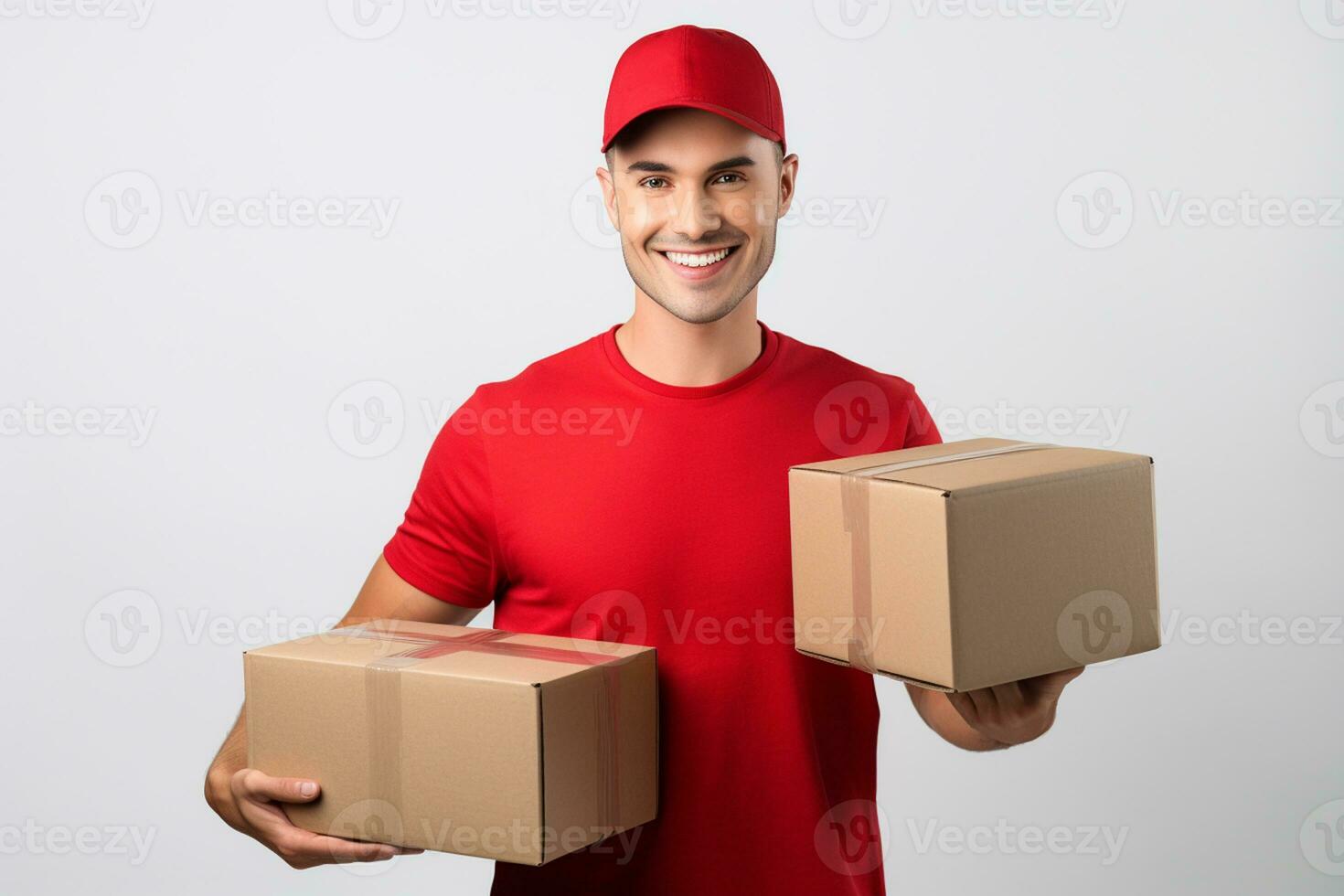 AI generated delivery man in red holding cardboard box isolated on a white background photo