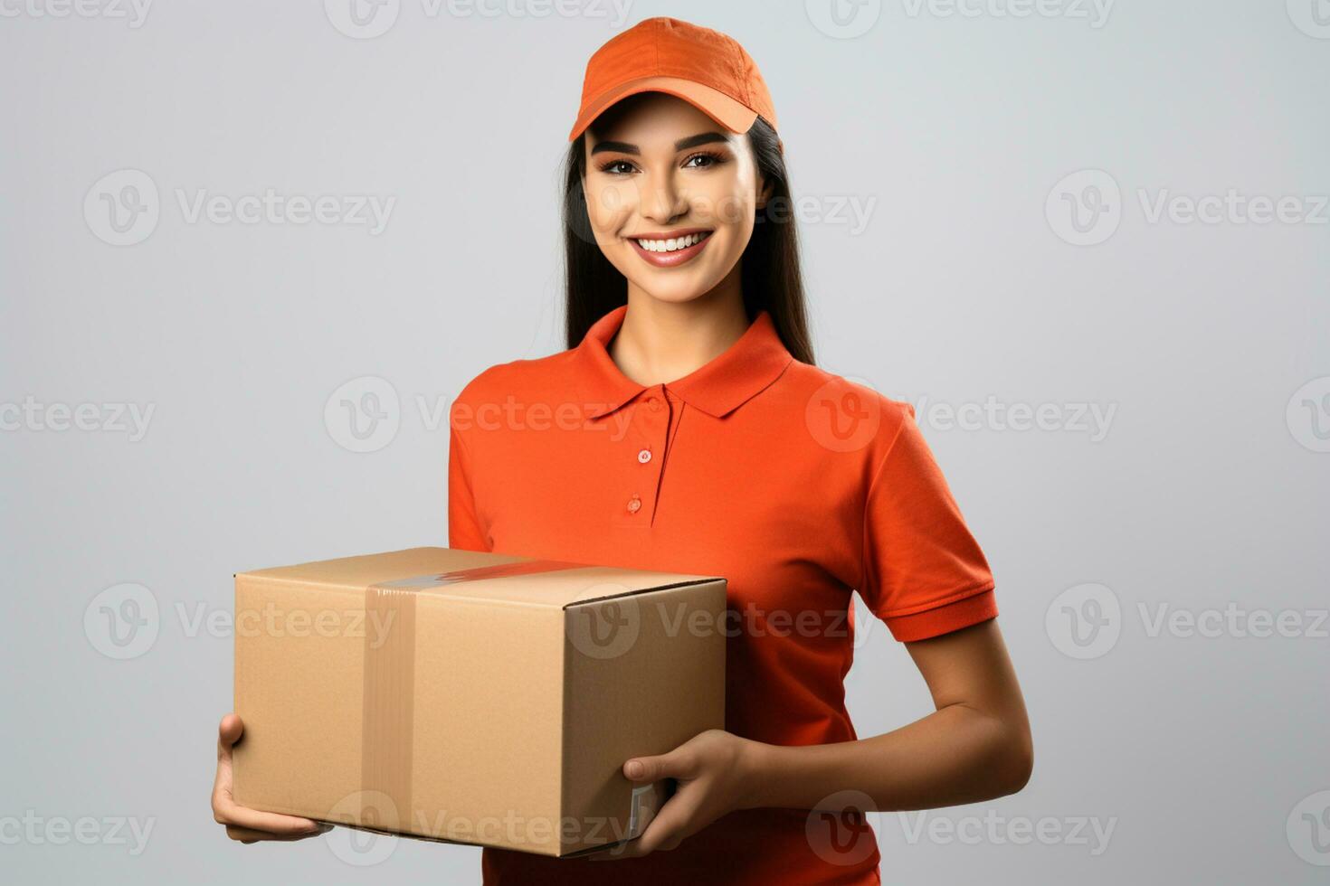 ai generado hermosa mujer en un naranja camisa participación cartulina caja, entrega Servicio foto