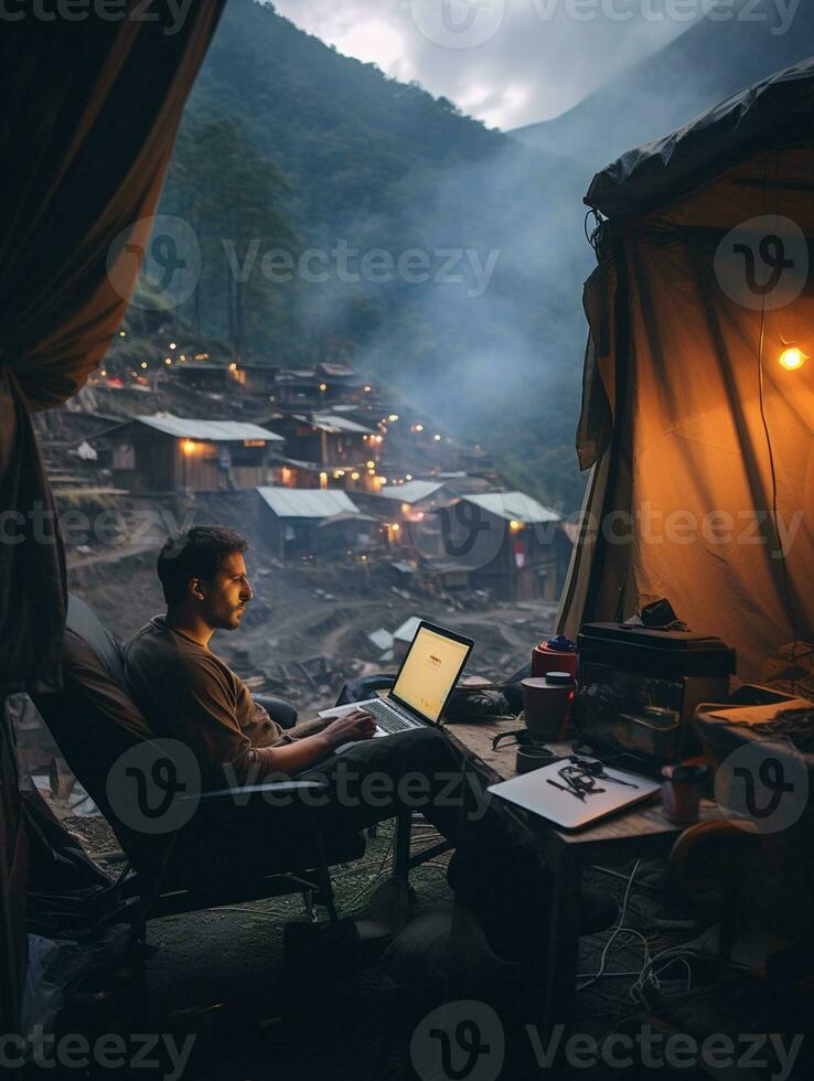 AI generated man working in front of laptop in beautiful place photo