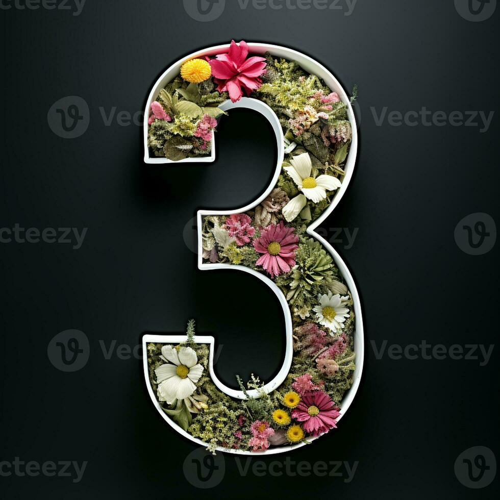 AI generated the number three is made of flowers and leaves on a black background photo