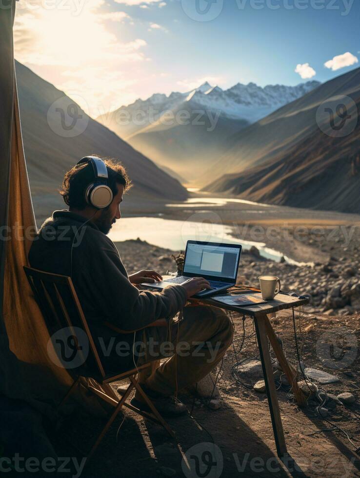 AI generated man working in front of laptop in beautiful place photo